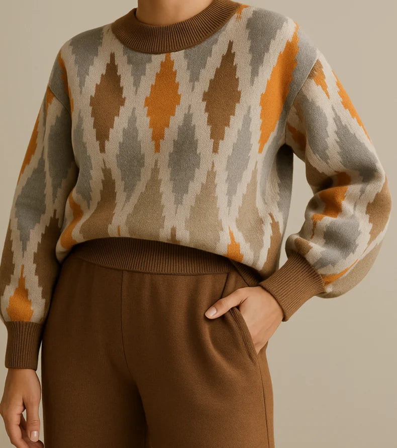 Comprar conjunto tricot feminino suéter e calça estampa geométrica confortável para inverno barato ou em promoção