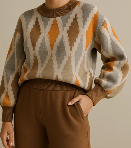 Comprar conjunto tricot feminino suéter e calça estampa geométrica confortável para inverno barato ou em promoção