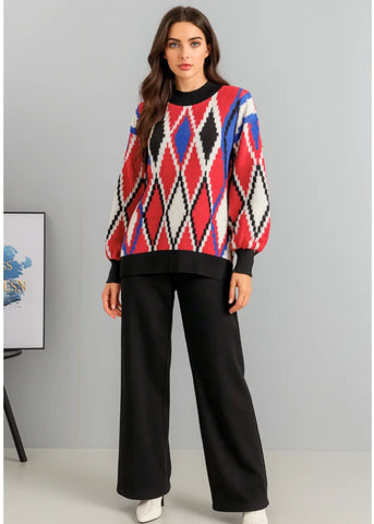 Comprar conjunto tricot feminino suéter e calça estampa geométrica confortável para inverno barato ou em promoção