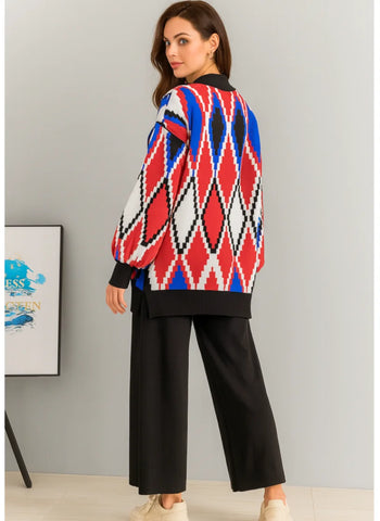 Comprar conjunto tricot feminino suéter e calça estampa geométrica confortável para inverno barato ou em promoção