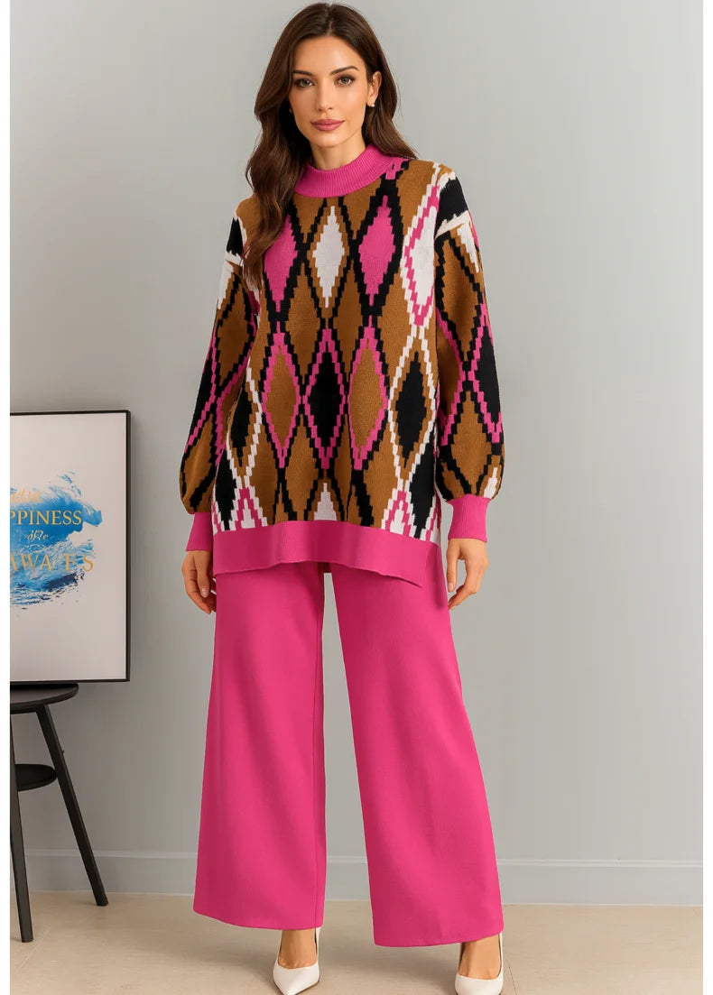 Comprar conjunto tricot feminino suéter e calça estampa geométrica confortável para inverno barato ou em promoção