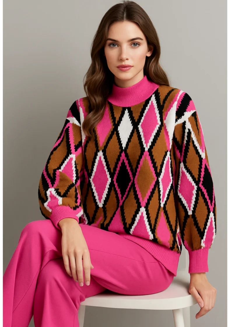 Comprar conjunto tricot feminino suéter e calça estampa geométrica confortável para inverno barato ou em promoção