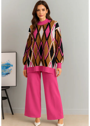 Comprar conjunto tricot feminino suéter e calça estampa geométrica confortável para inverno barato ou em promoção