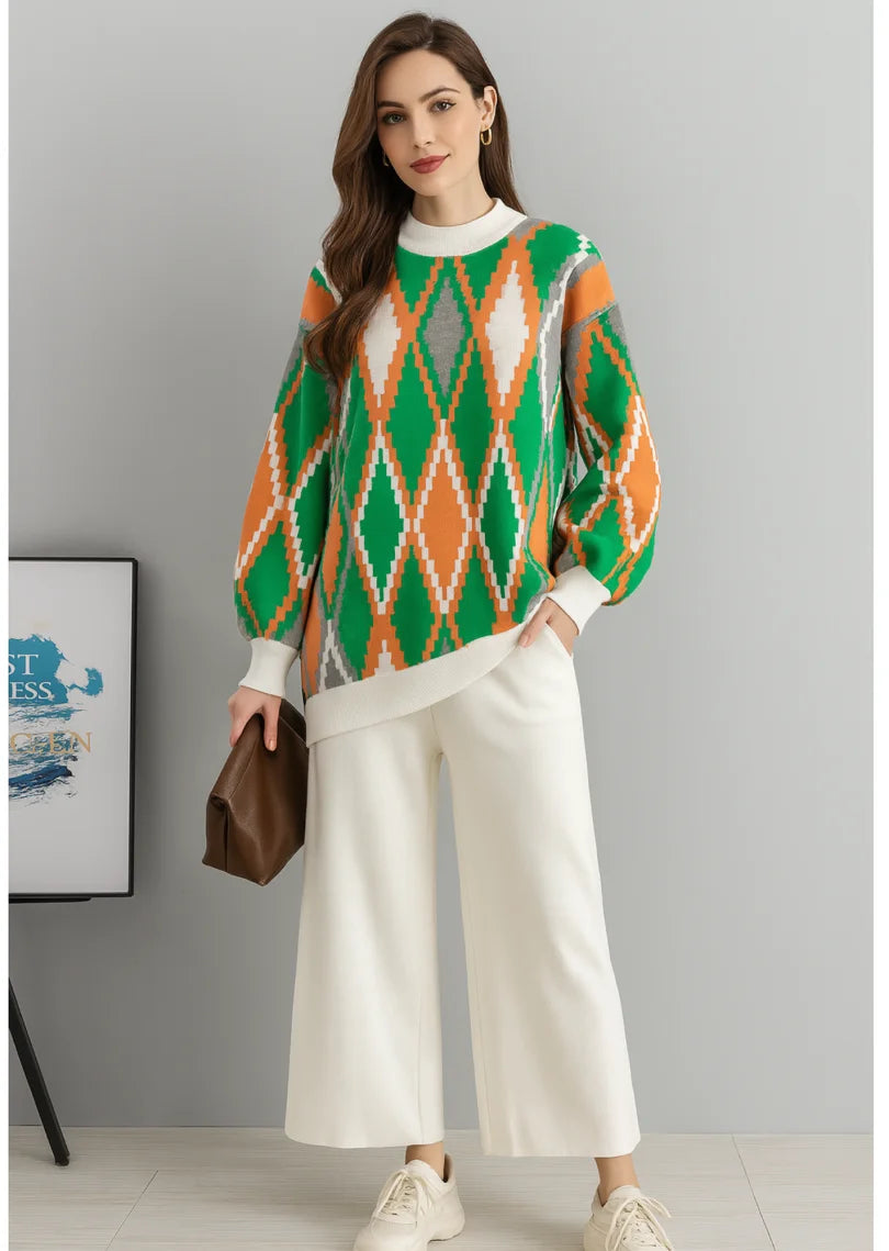 Comprar conjunto tricot feminino suéter e calça estampa geométrica confortável para inverno barato ou em promoção