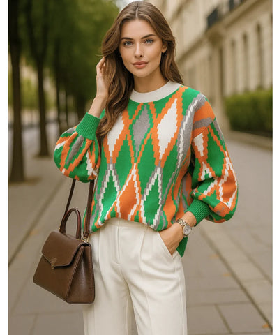 Comprar conjunto tricot feminino suéter e calça estampa geométrica confortável para inverno barato ou em promoção