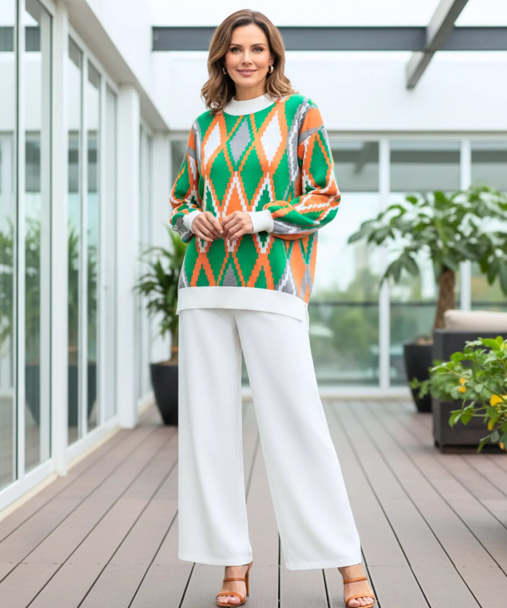 Comprar conjunto tricot feminino suéter e calça estampa geométrica confortável para inverno barato ZARA