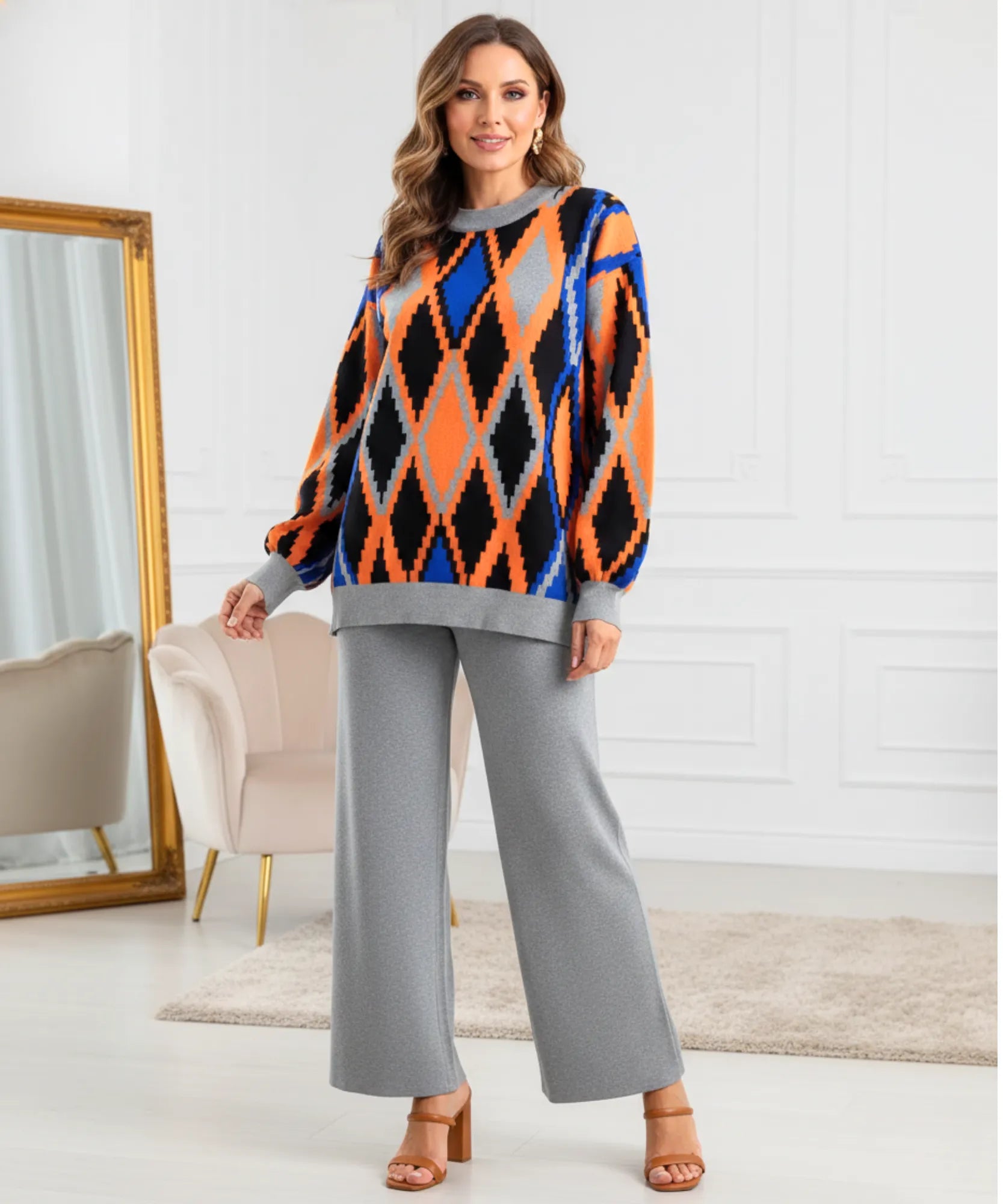 Comprar conjunto tricot feminino suéter e calça estampa geométrica confortável para inverno barato ZARA