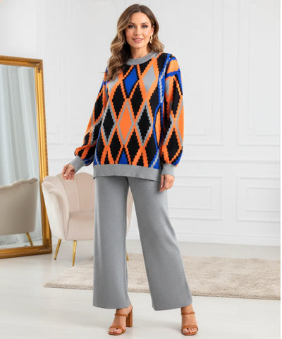 Comprar conjunto tricot feminino suéter e calça estampa geométrica confortável para inverno barato ZARA