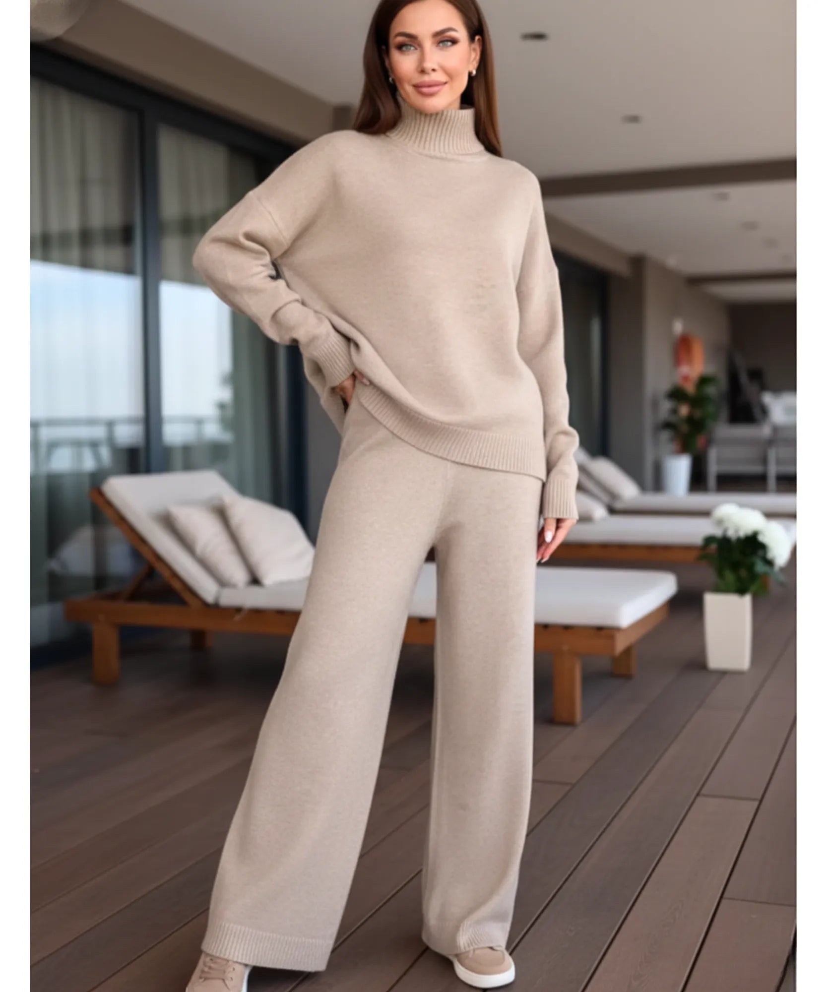 Comprar conjunto tricot feminino viscose suéter gola alta oversized calça pantalona wide leg em promoção ZARA