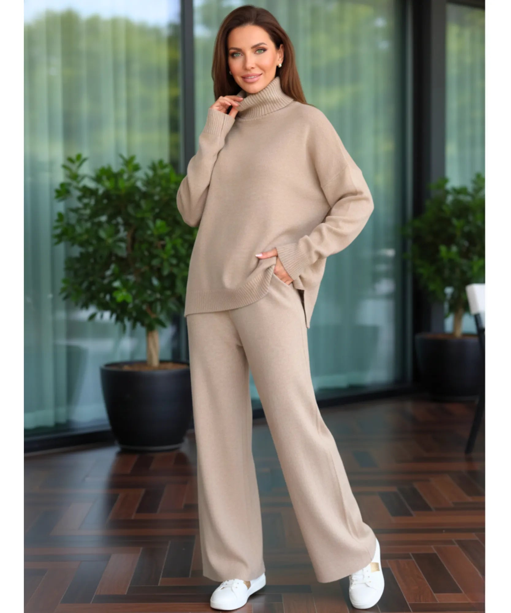 Comprar conjunto tricot feminino viscose suéter gola alta oversized calça pantalona wide leg em promoção ZARA