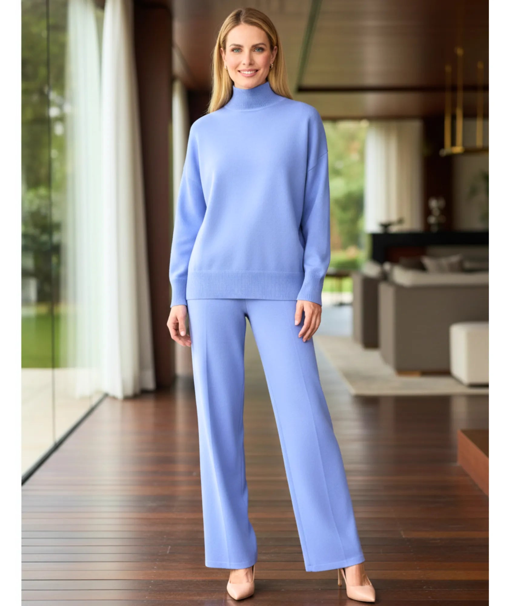 Comprar conjunto tricot feminino viscose suéter gola alta oversized calça pantalona wide leg em promoção ZARA