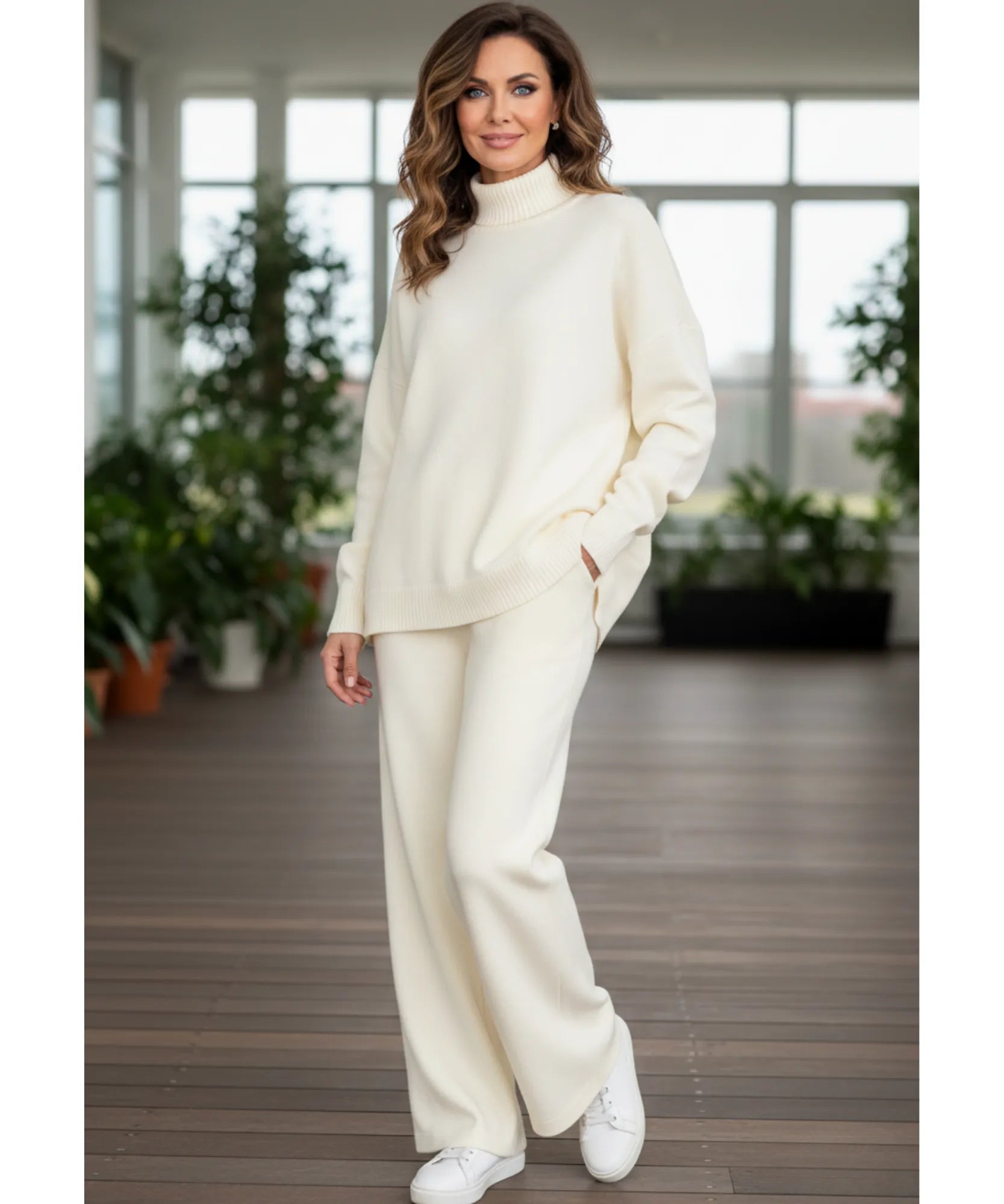 Comprar conjunto tricot feminino viscose suéter gola alta oversized calça pantalona wide leg em promoção ZARA
