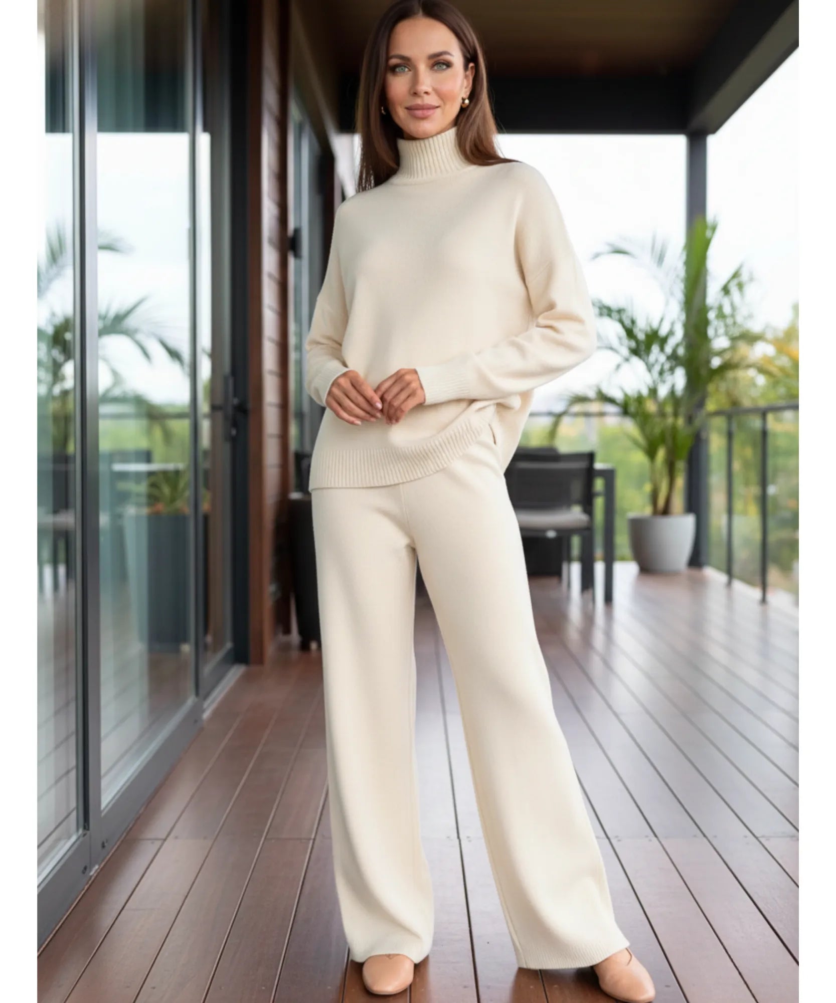Comprar conjunto tricot feminino viscose suéter gola alta oversized calça pantalona wide leg em promoção ZARA