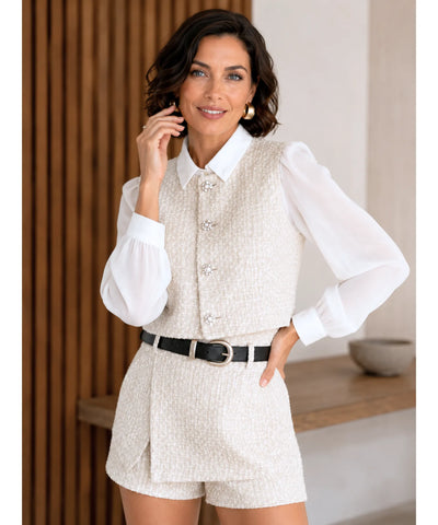 Comprar conjunto tweed feminino colete cropped e short saia envelope barato em promoção ANELLIMN