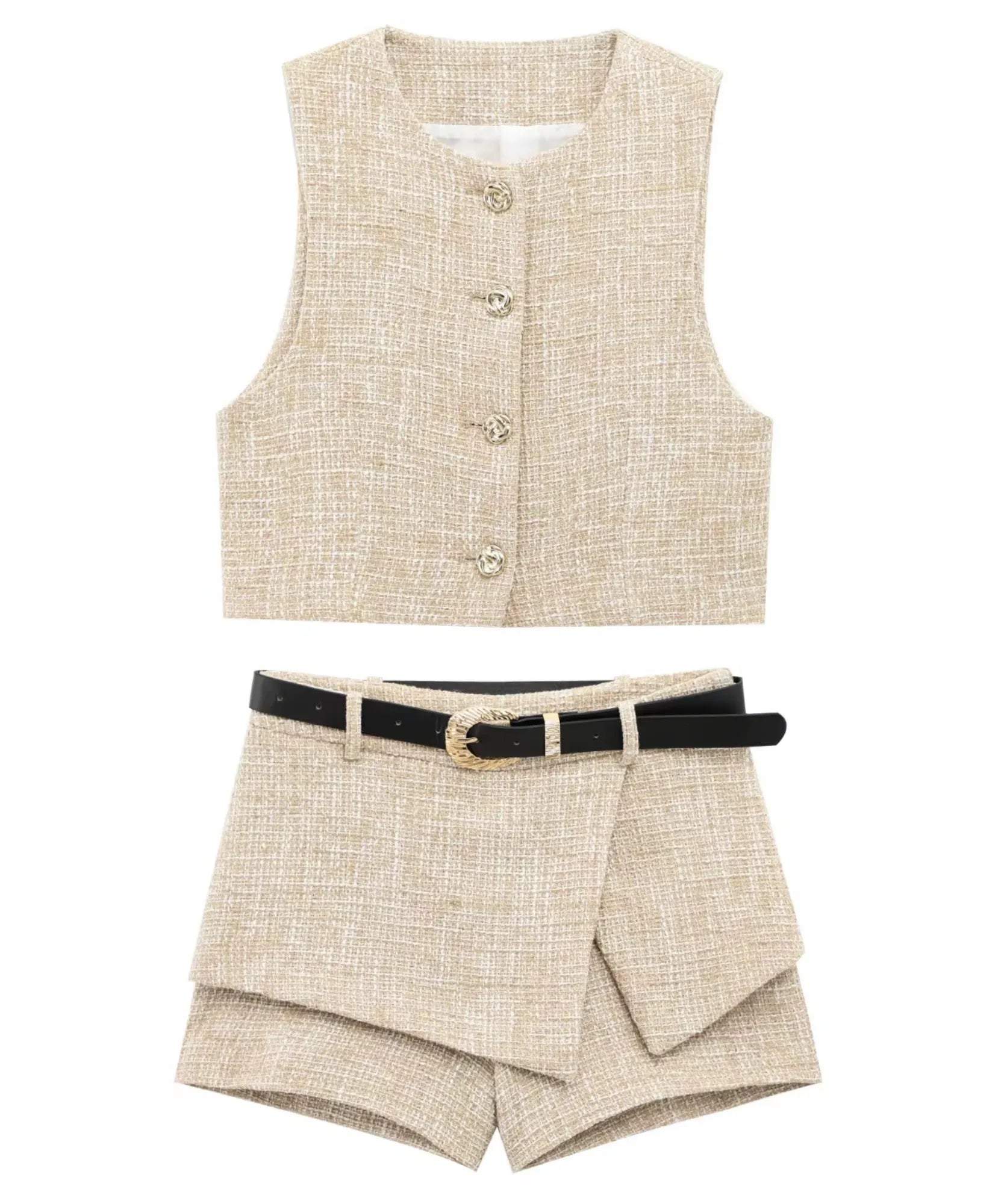 Comprar conjunto tweed feminino colete cropped e short saia envelope barato em promoção ANELLIMN