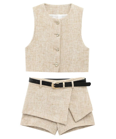 Comprar conjunto tweed feminino colete cropped e short saia envelope barato em promoção ANELLIMN