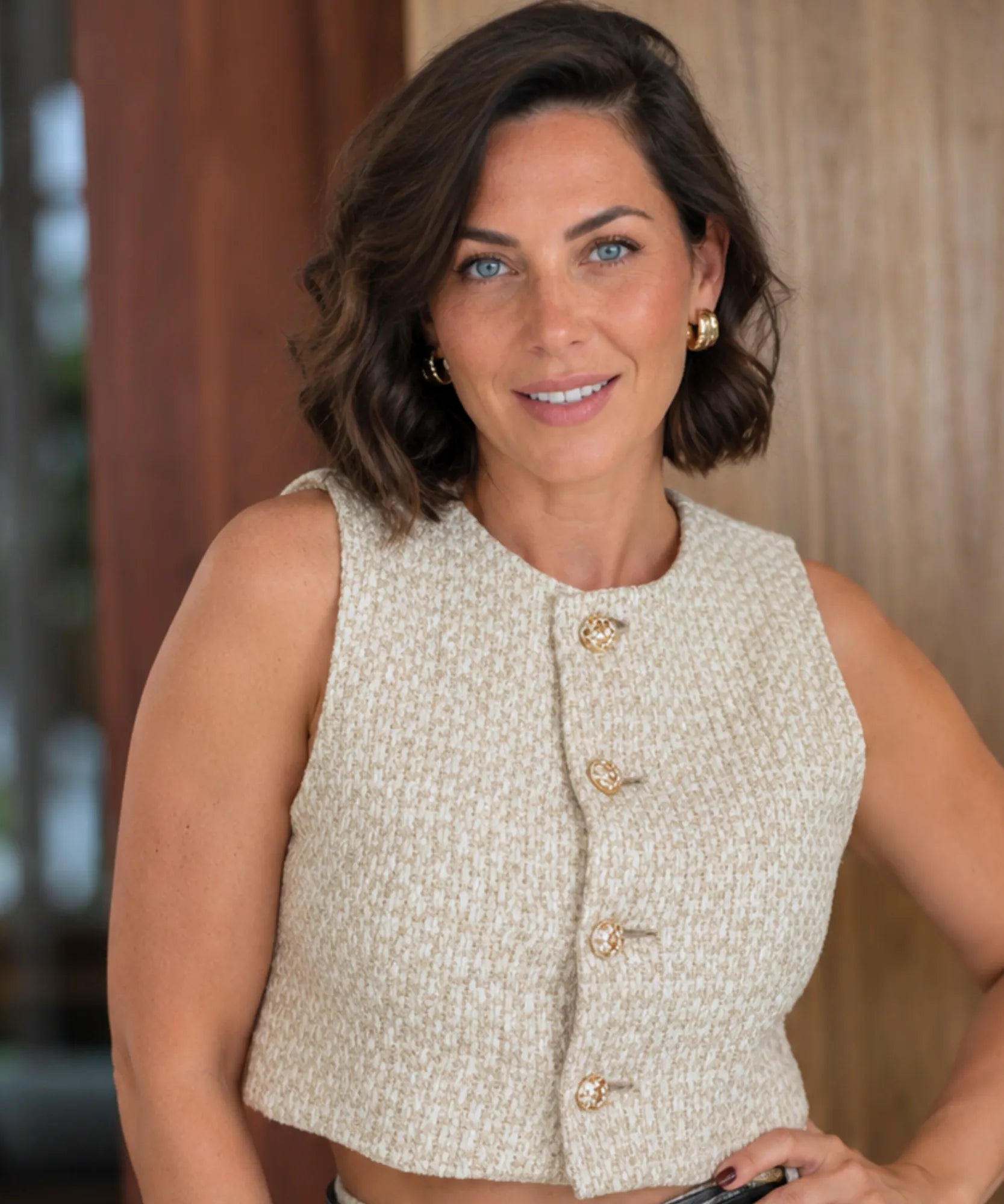 Comprar conjunto tweed feminino colete cropped e short saia envelope barato em promoção ANELLIMN