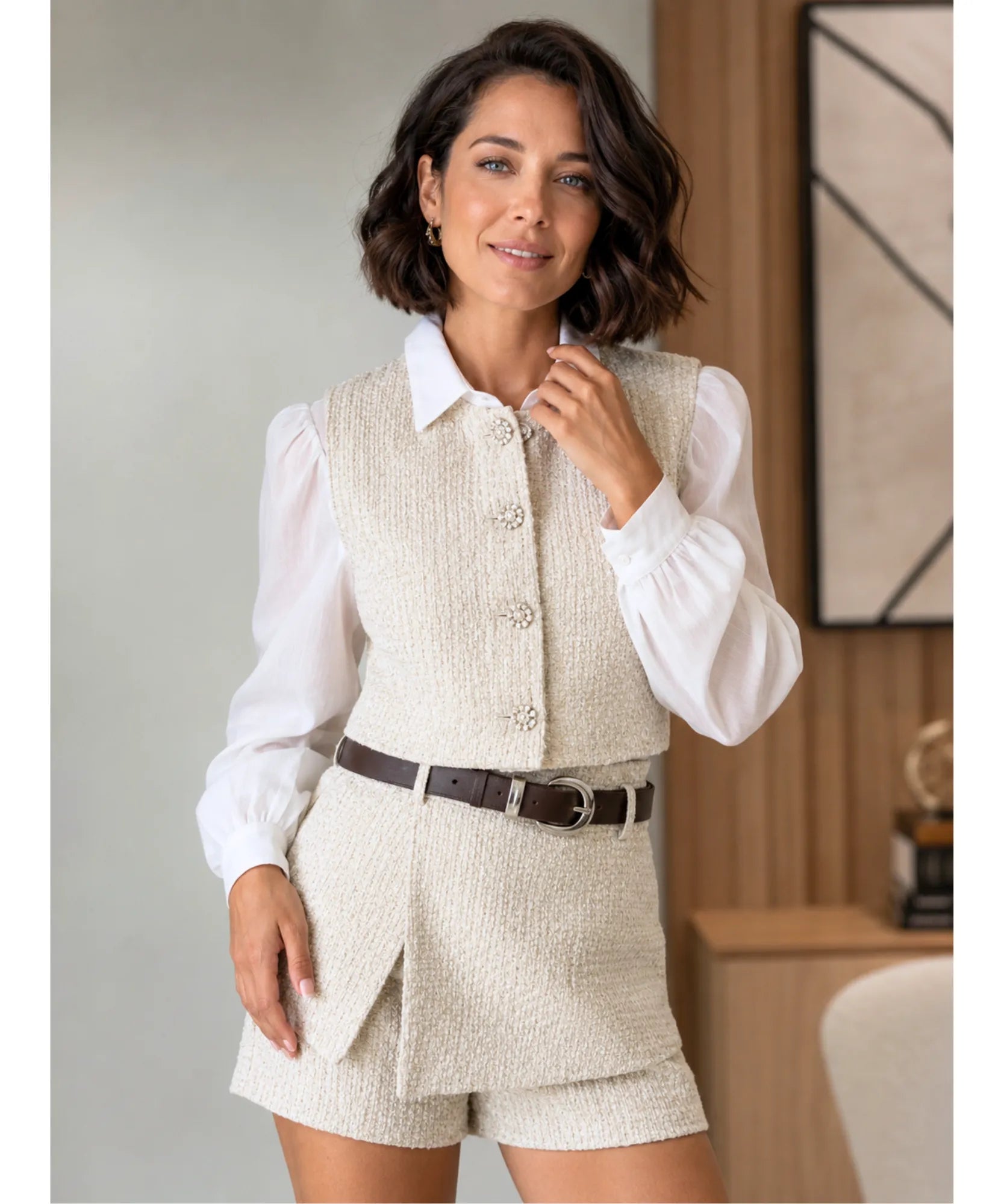 Comprar conjunto tweed feminino colete cropped e short saia envelope barato em promoção ANELLIMN