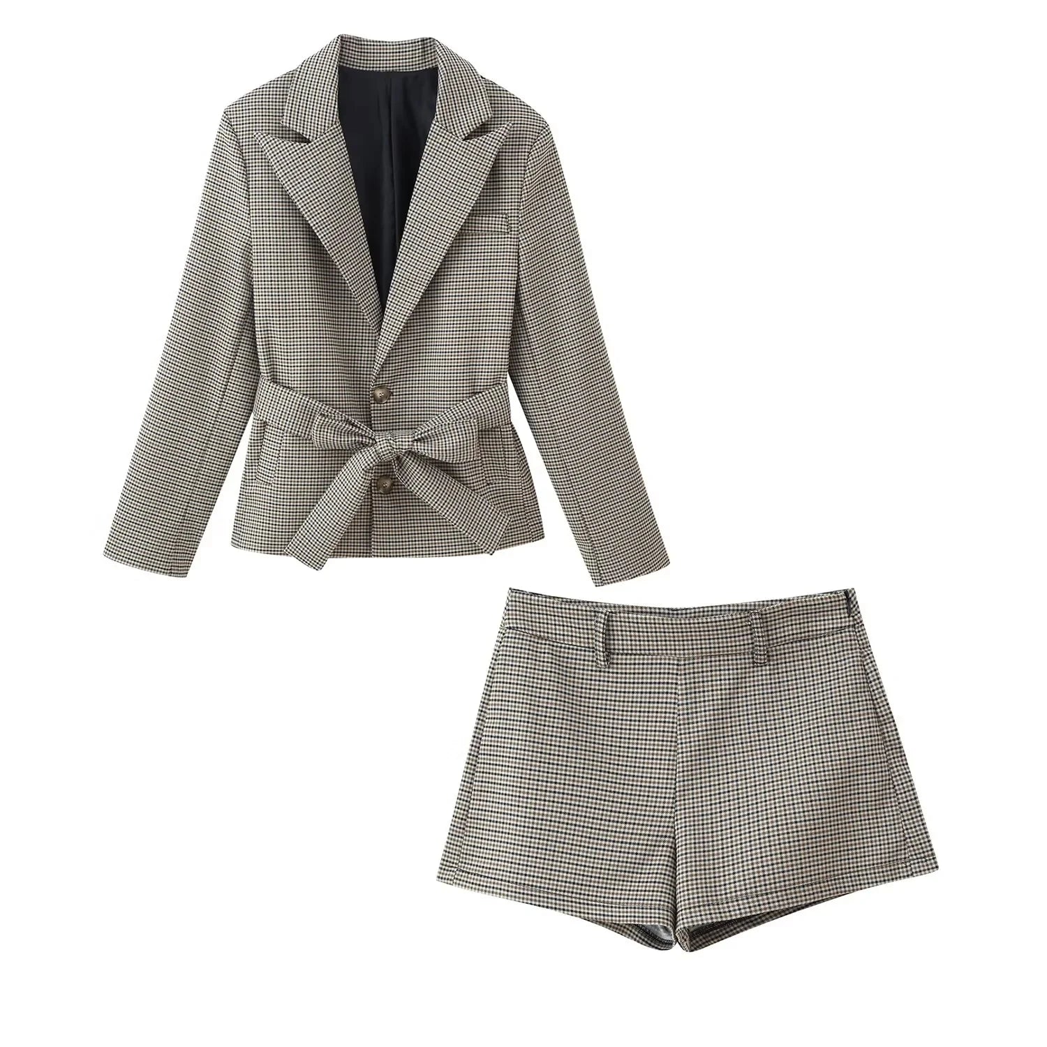Comprar conjunto xadrez feminino blazer e short marrom barato Anellimn