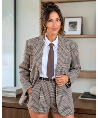 Conjunto xadrez marrom com blazer estruturado e camisa branca com gravata