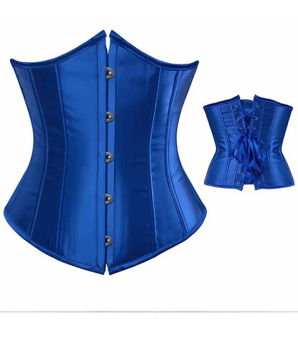 Corset feminino cetim azul, still do fechamento frontal e amarração traseira