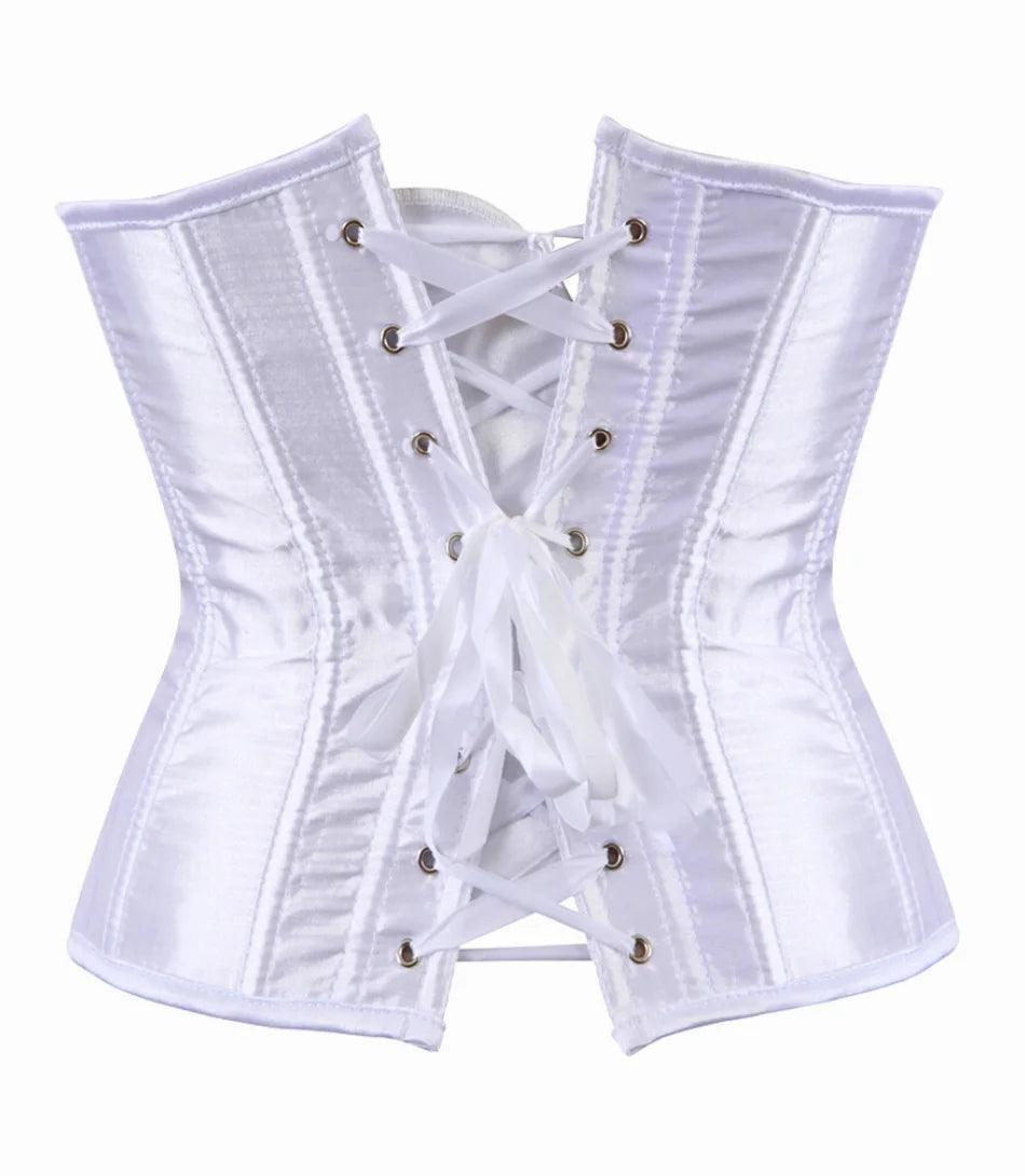 Corset feminino cetim branco, detalhe da amarração traseira com ilhoses