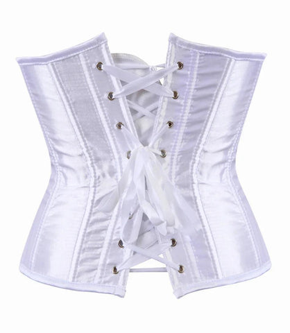 Corset feminino cetim branco, detalhe da amarração traseira com ilhoses