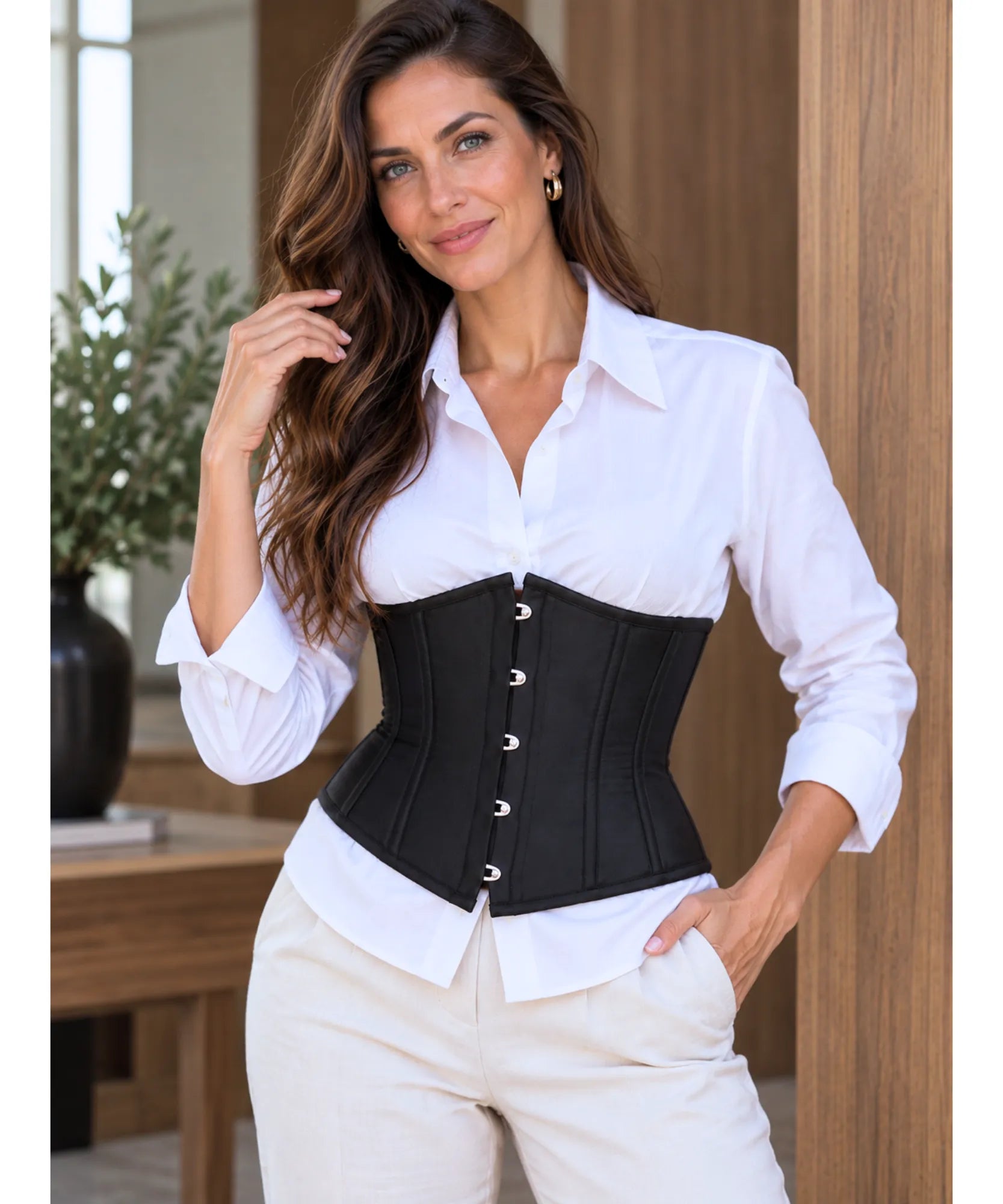 Modelo com corset feminino cetim, still de campanha 1