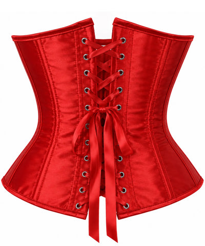 Corset feminino cetim vermelho, detalhe da amarração traseira e ilhoses