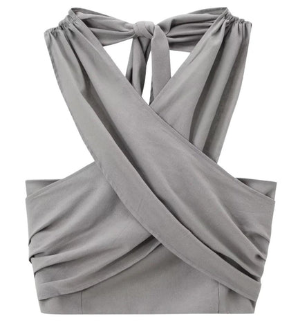Cropped halter feminino cinza, still visto de costas