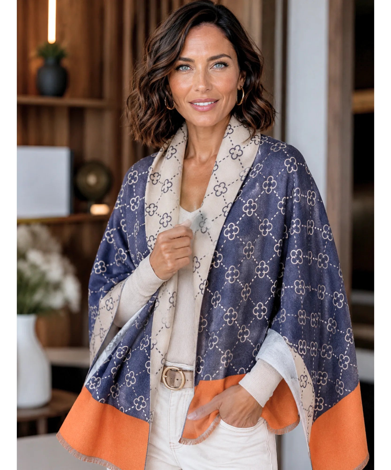 Comprar echarpe feminina cachecol estampado floral dupla face reversível franjas inverno barato ANELLIMN