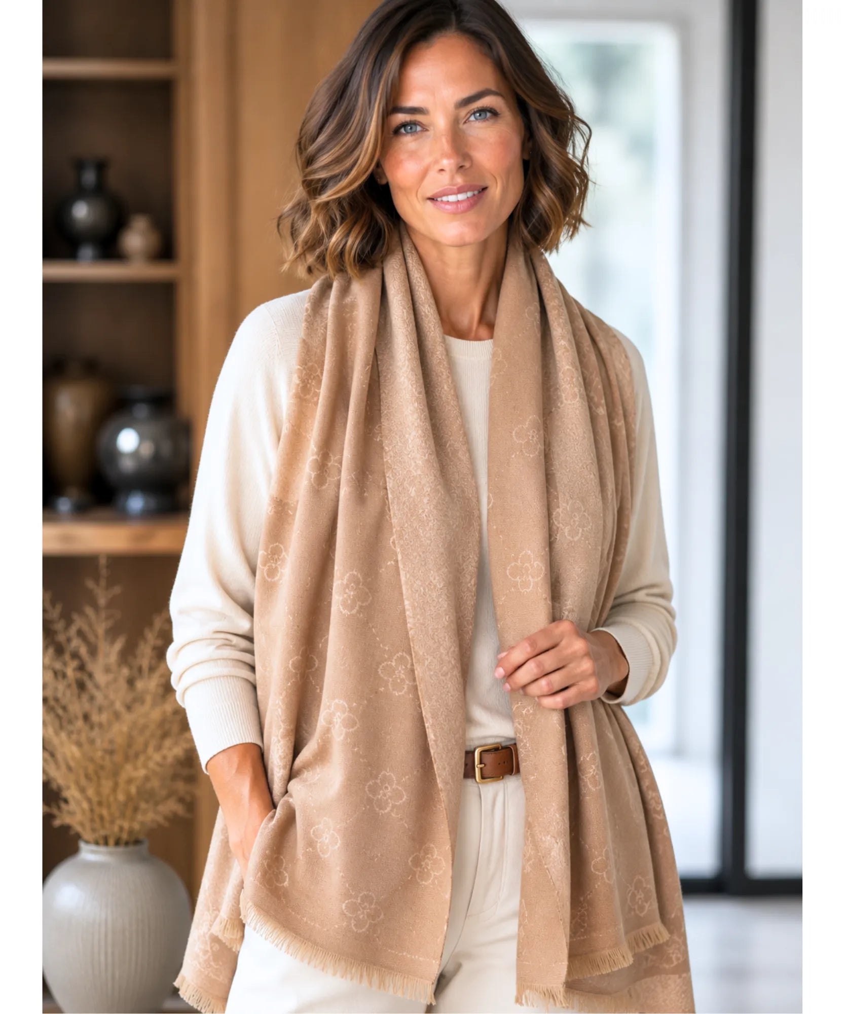 Comprar echarpe feminina cachecol estampado floral dupla face reversível franjas inverno barato ANELLIMN