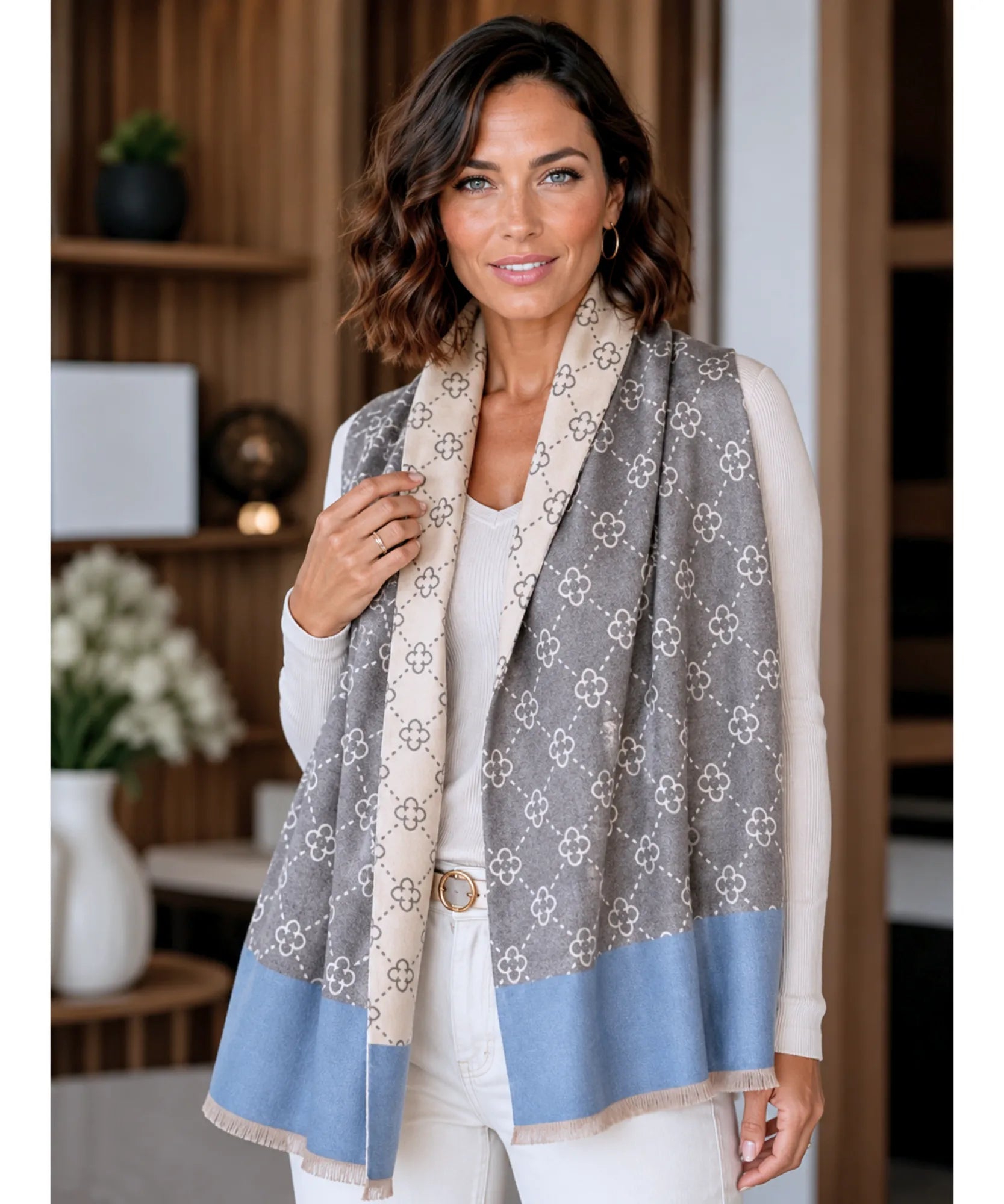 Comprar echarpe feminina cachecol estampado floral dupla face reversível franjas inverno barato ANELLIMN