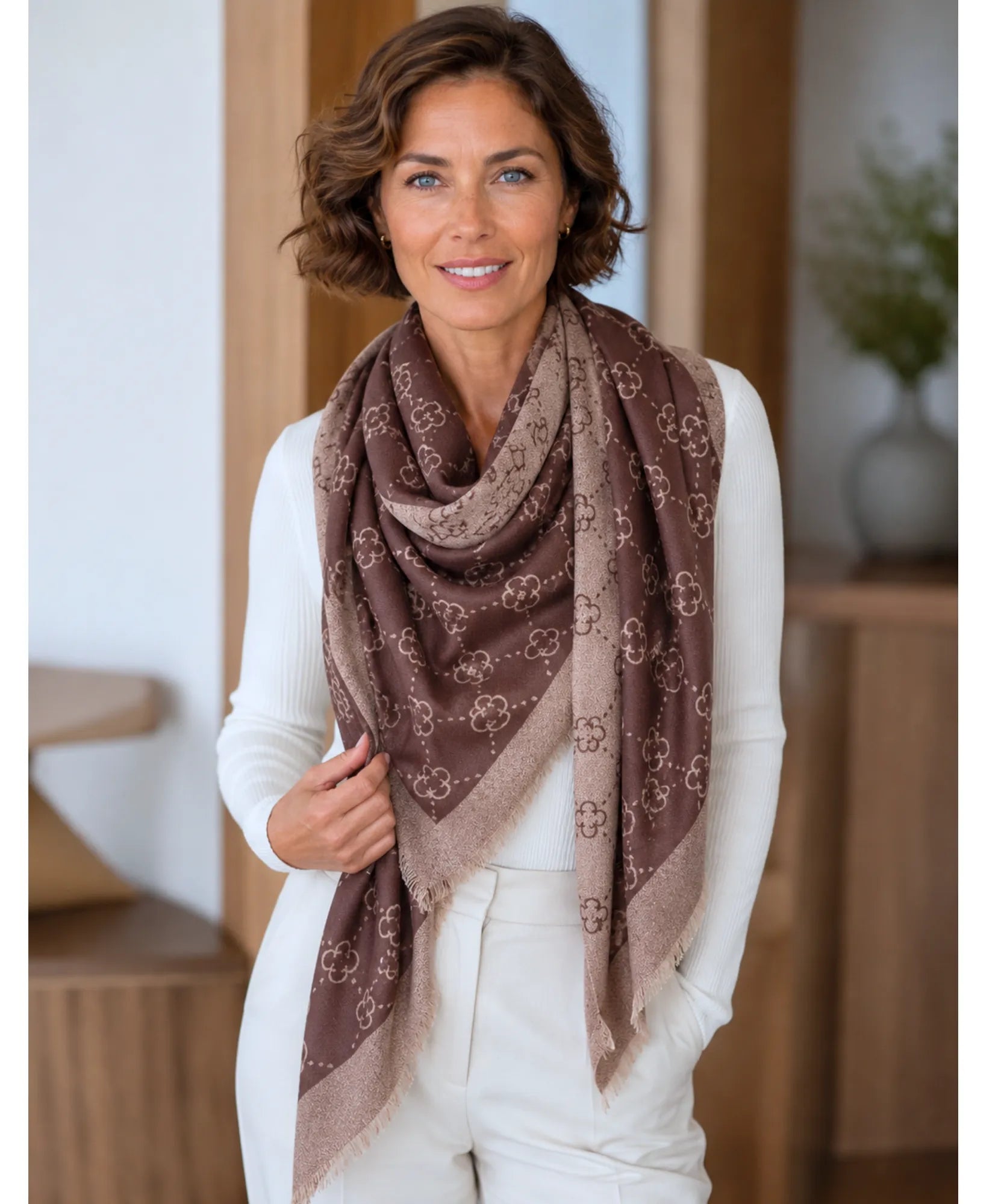 Comprar echarpe feminina cachecol estampado floral dupla face reversível franjas inverno barato ANELLIMN