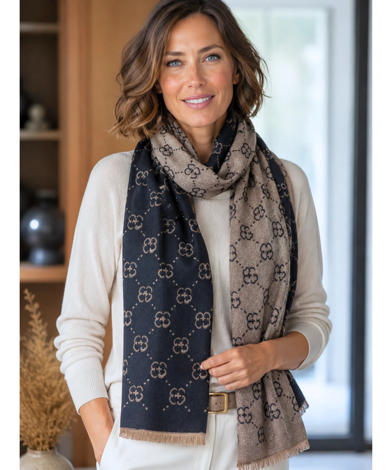 Comprar echarpe feminina cachecol estampado floral dupla face reversível franjas inverno barato ANELLIMN