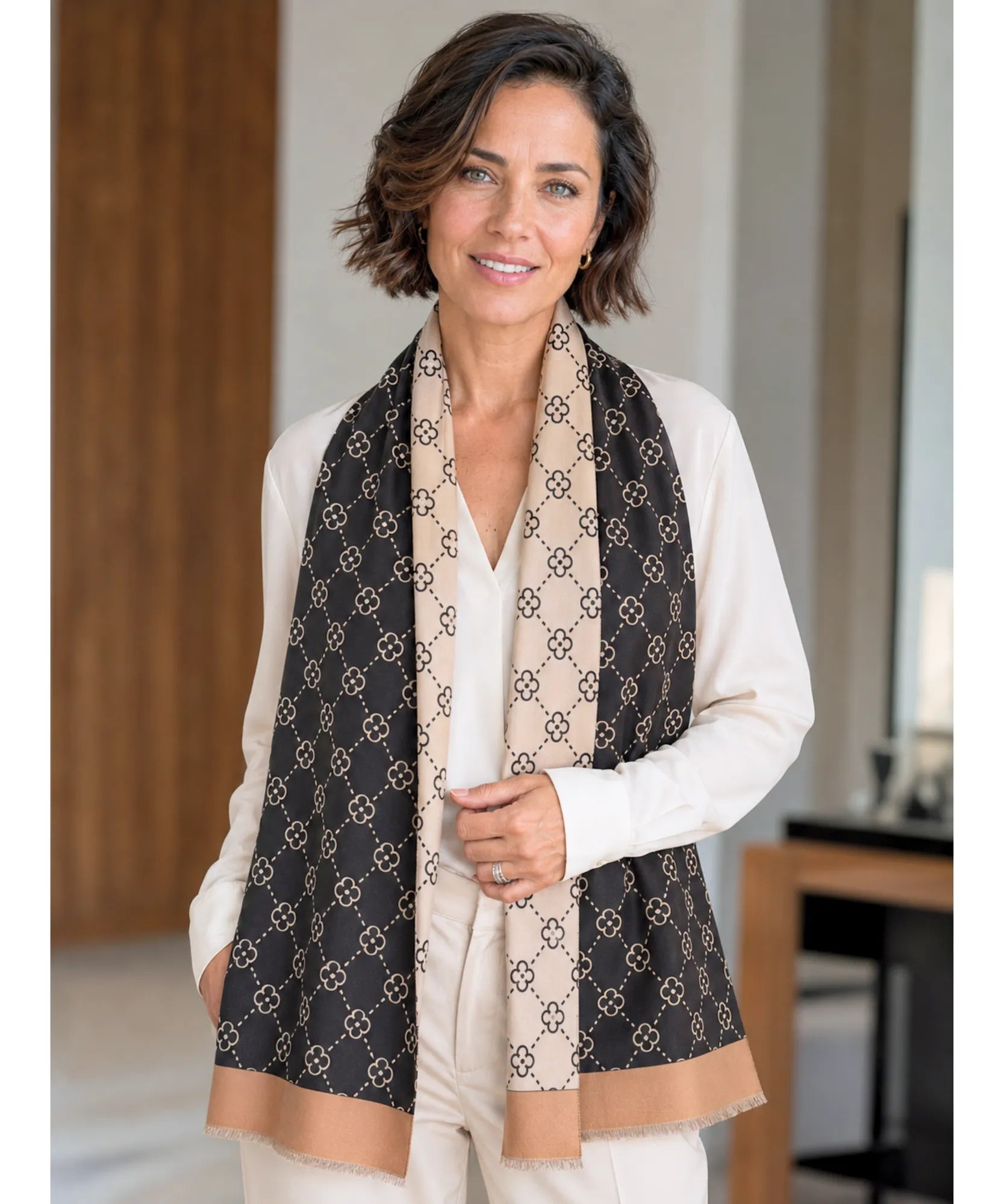 Comprar echarpe feminina cachecol estampado floral dupla face reversível franjas inverno barato ANELLIMN