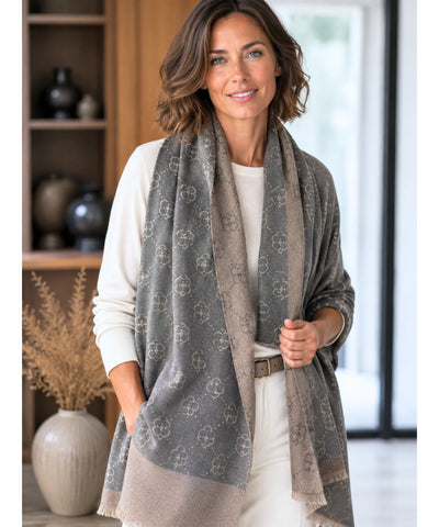 Comprar echarpe feminina cachecol estampado floral dupla face reversível franjas inverno barato ANELLIMN