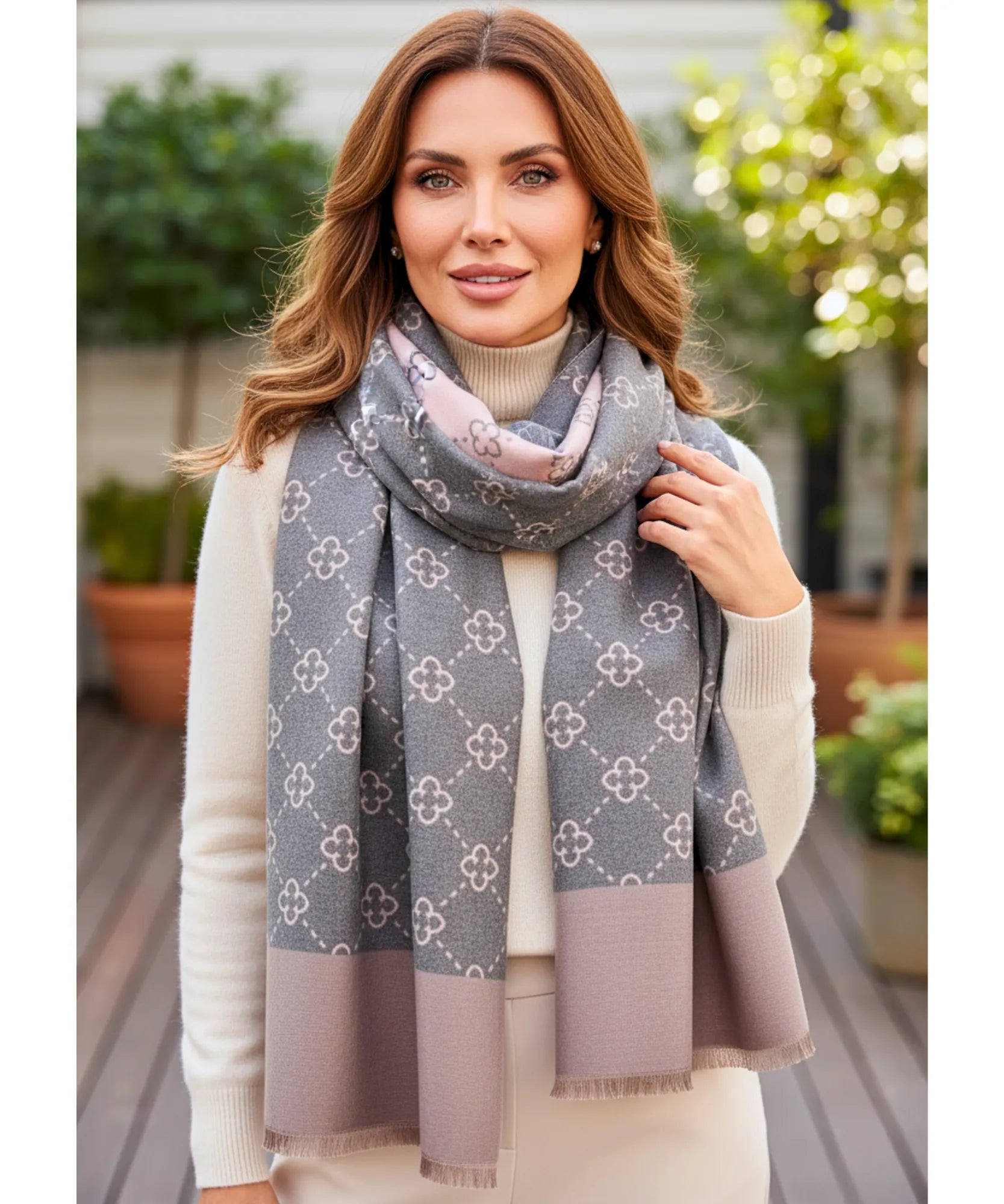 Comprar echarpe feminina cachecol estampado floral dupla face reversível franjas inverno barato ANELLIMN