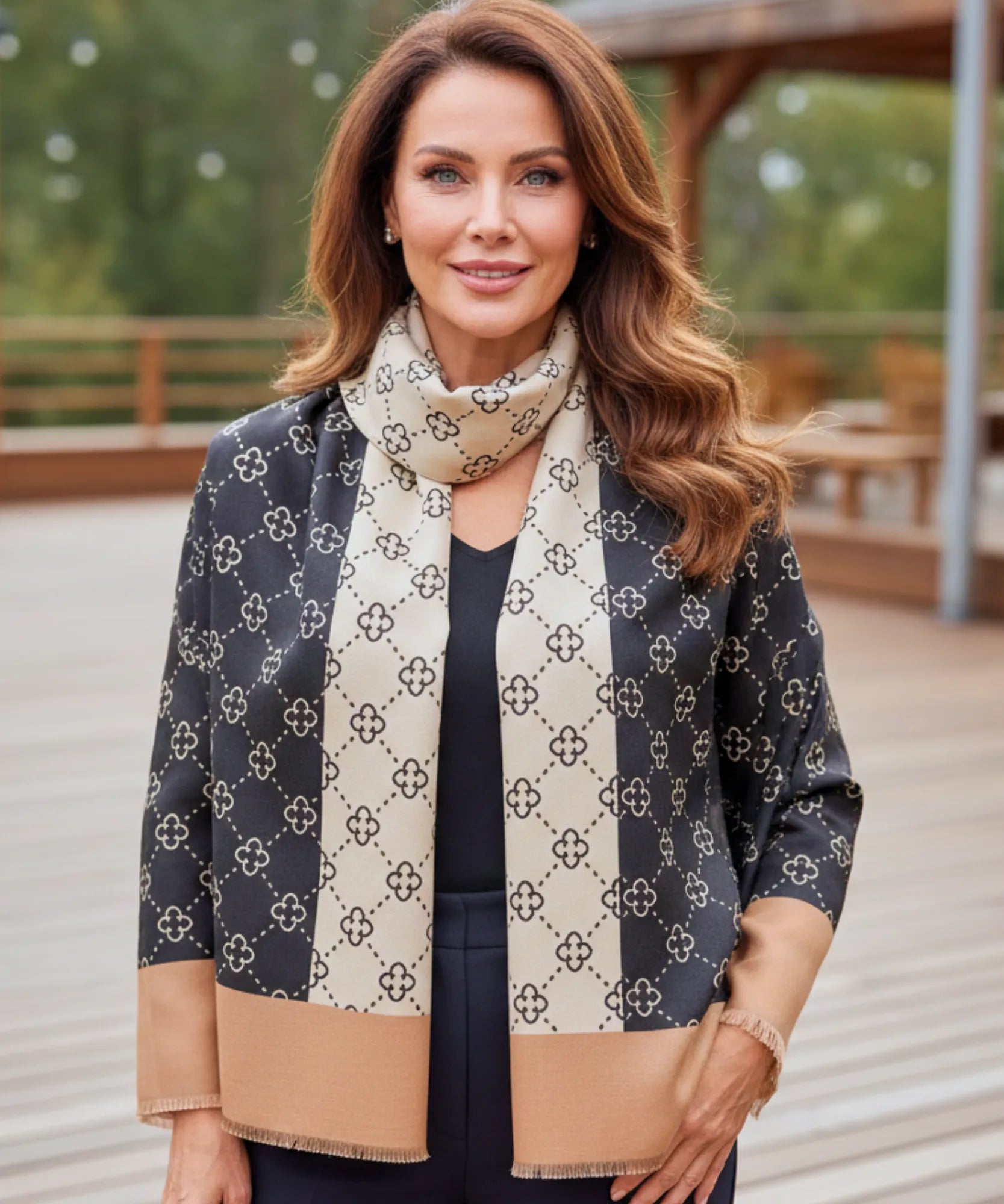 Comprar echarpe feminina cachecol estampado floral dupla face reversível franjas inverno barato ANELLIMN
