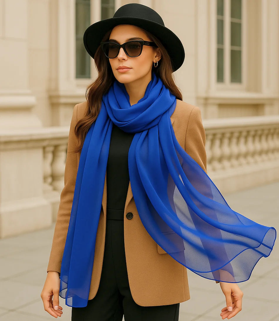 Comprar Echarpe Feminina de Seda Chiffon Elegante para Festa e Inverno Azul ANELLIMN

