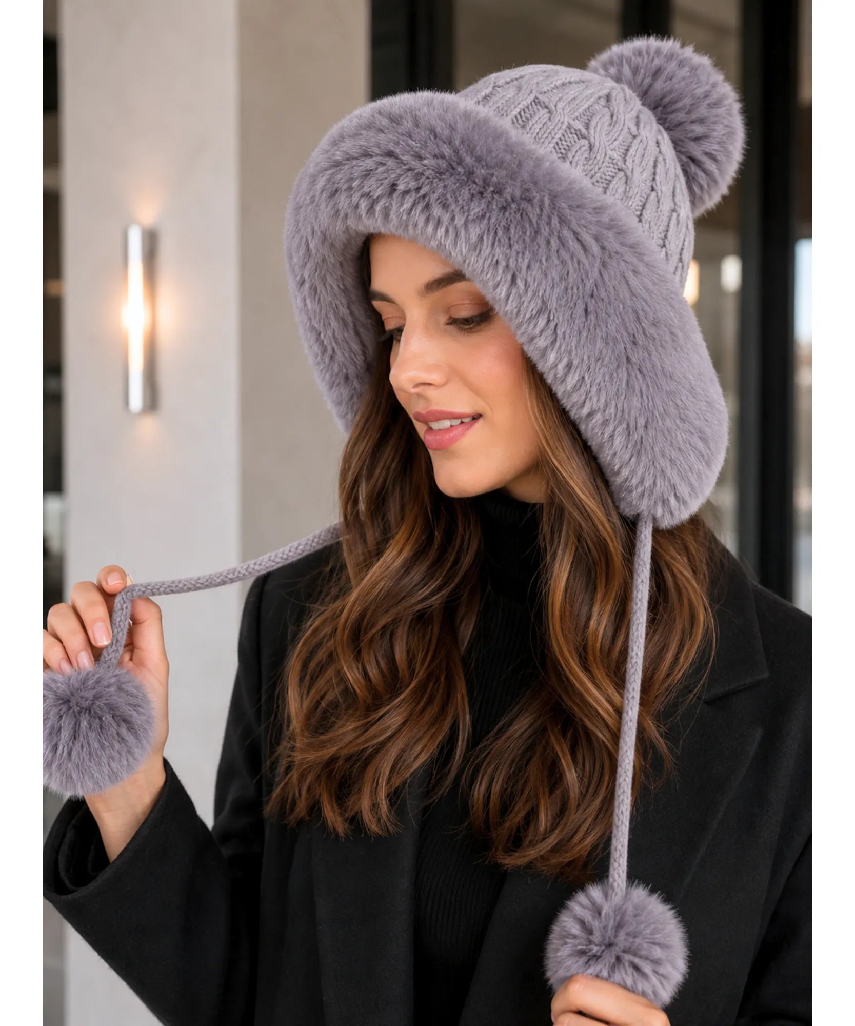 Comprar Gorro Feminino de Inverno com Orelhas e Pompons promoção ANELLIMN 