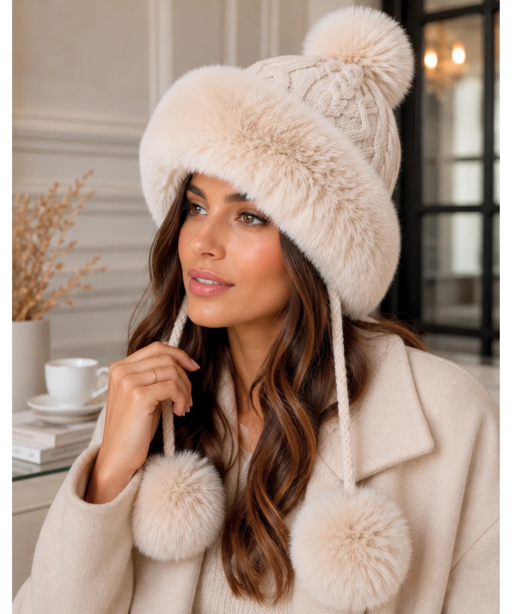 Comprar Gorro Feminino de Inverno com Orelhas e Pompons promoção ANELLIMN 