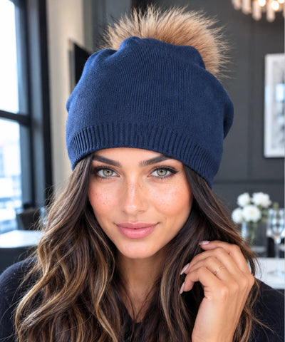 Comprar gorro feminino tricot cashmere pompom pelo removível dupla camada touca inverno frio em promoção ANELLIMN
