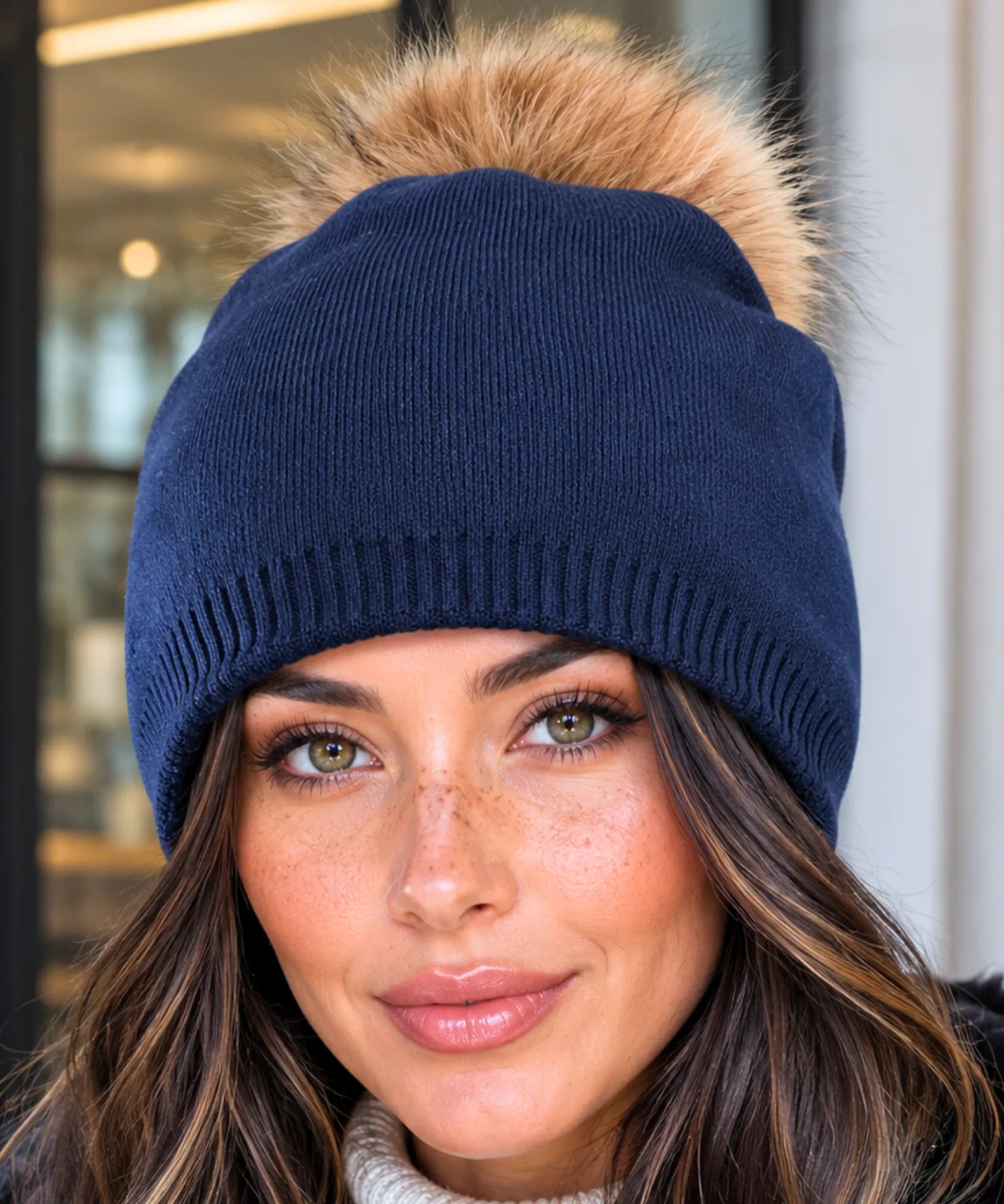 Comprar gorro feminino tricot cashmere pompom pelo removível dupla camada touca inverno frio em promoção ANELLIMN