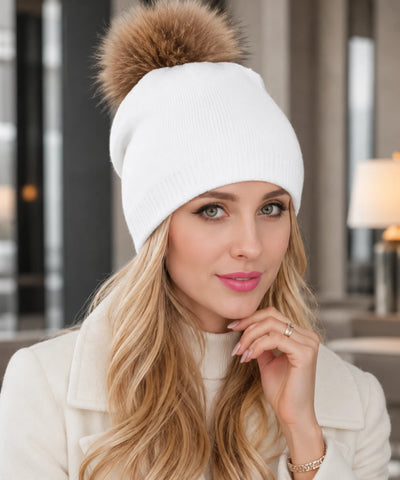Comprar gorro feminino tricot cashmere pompom pelo removível dupla camada touca inverno frio em promoção ANELLIMN