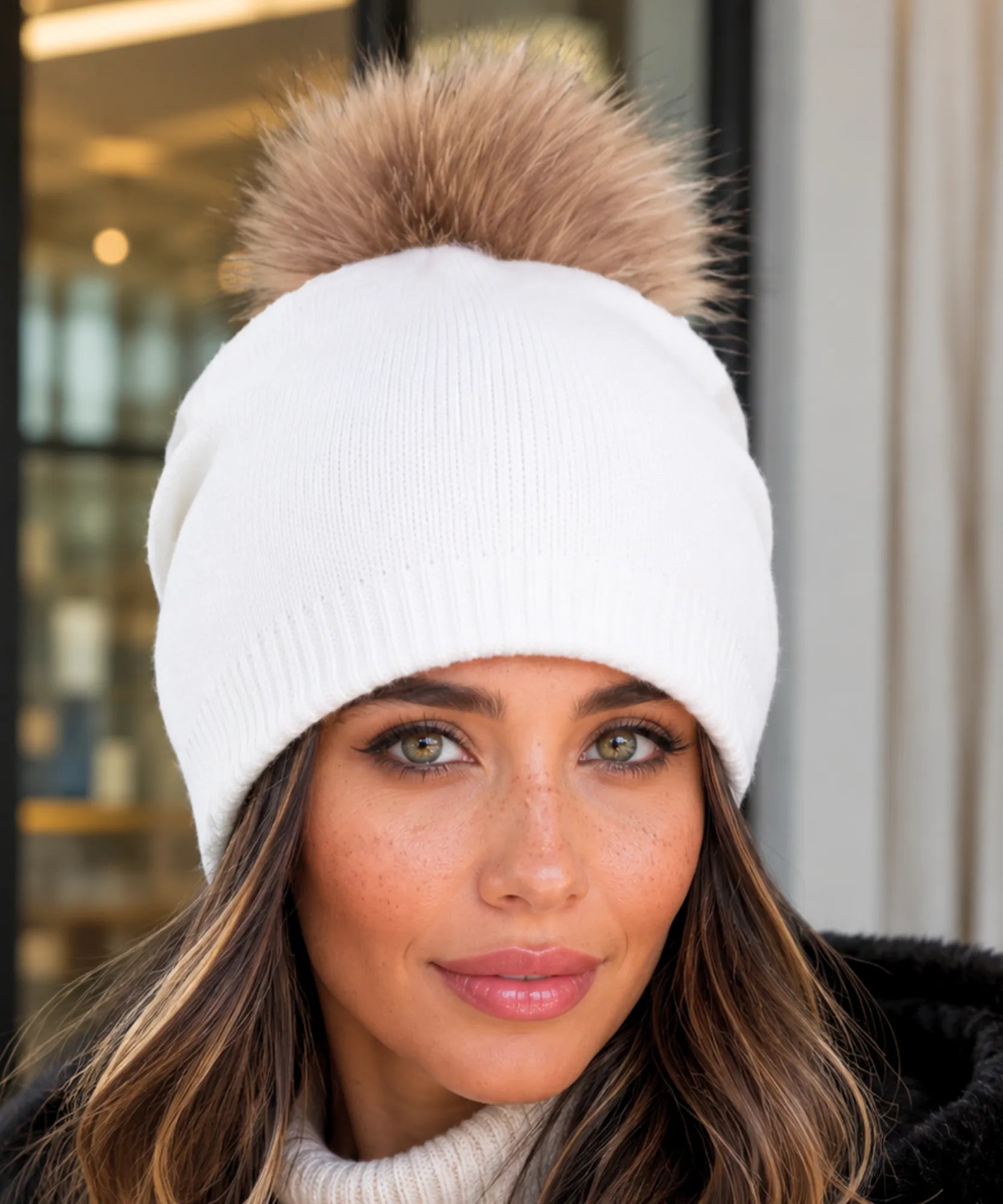 Comprar gorro feminino tricot cashmere pompom pelo removível dupla camada touca inverno frio em promoção ANELLIMN