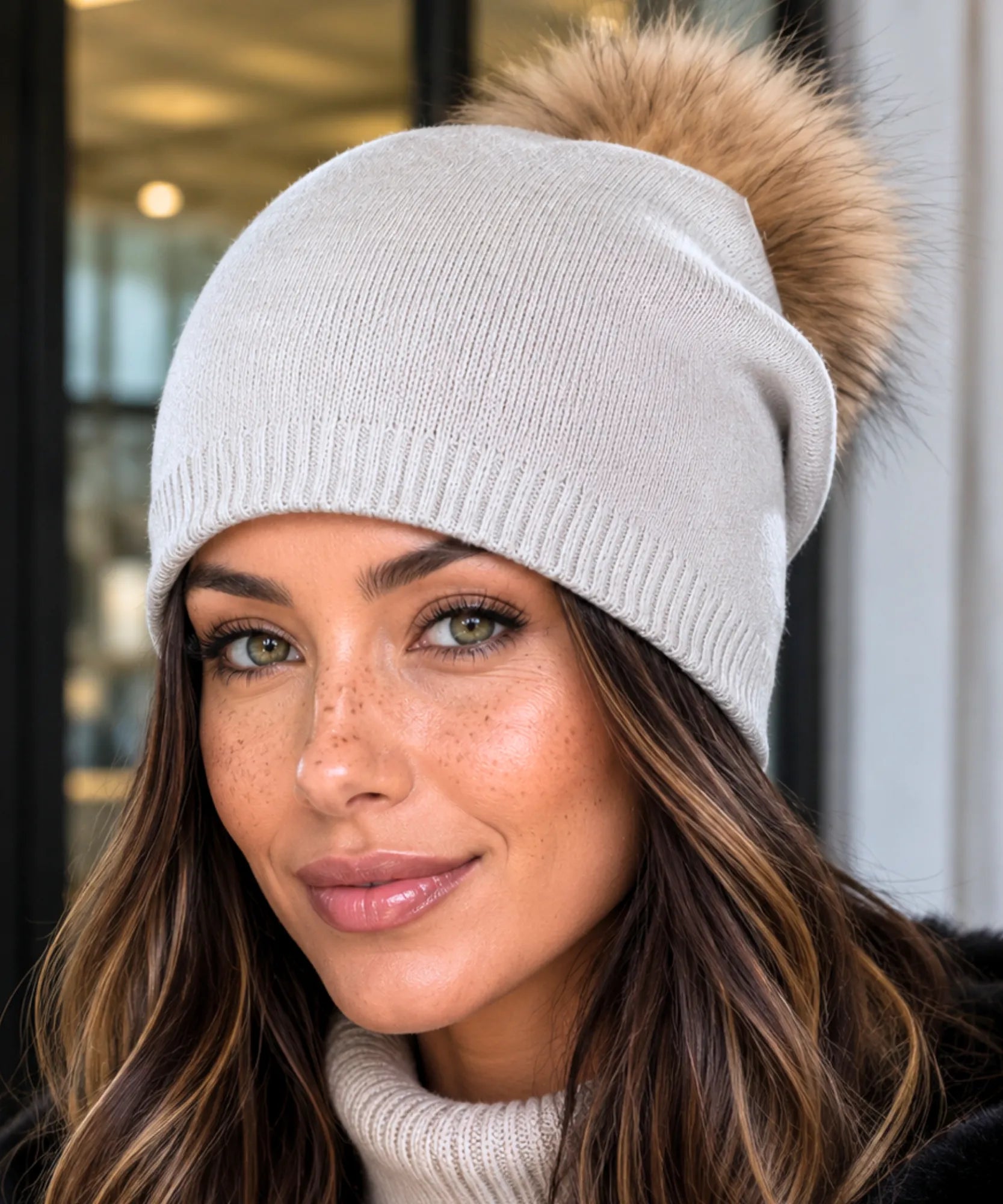 Comprar gorro feminino tricot cashmere pompom pelo removível dupla camada touca inverno frio em promoção ANELLIMN