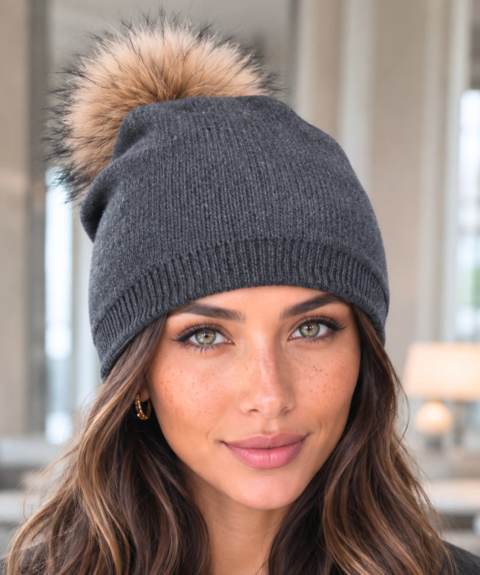Comprar gorro feminino tricot cashmere pompom pelo removível dupla camada touca inverno frio em promoção ANELLIMN