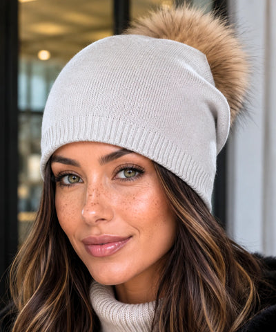 Comprar gorro feminino tricot cashmere pompom pelo removível dupla camada touca inverno frio em promoção ANELLIMN