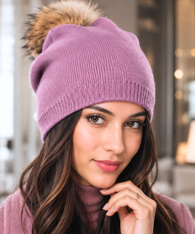 Comprar gorro feminino tricot cashmere pompom pelo removível dupla camada touca inverno frio em promoção ANELLIMN